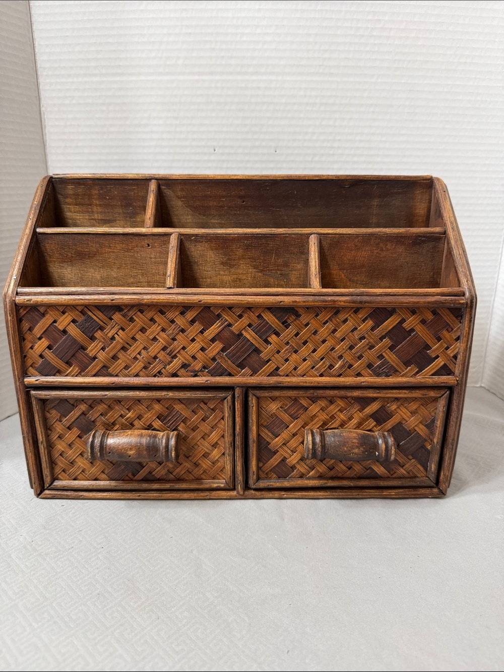 Vintage Mid Century Boho Wood Woven Rattan Wicker Desk Organizer Caddy 2 Drawers